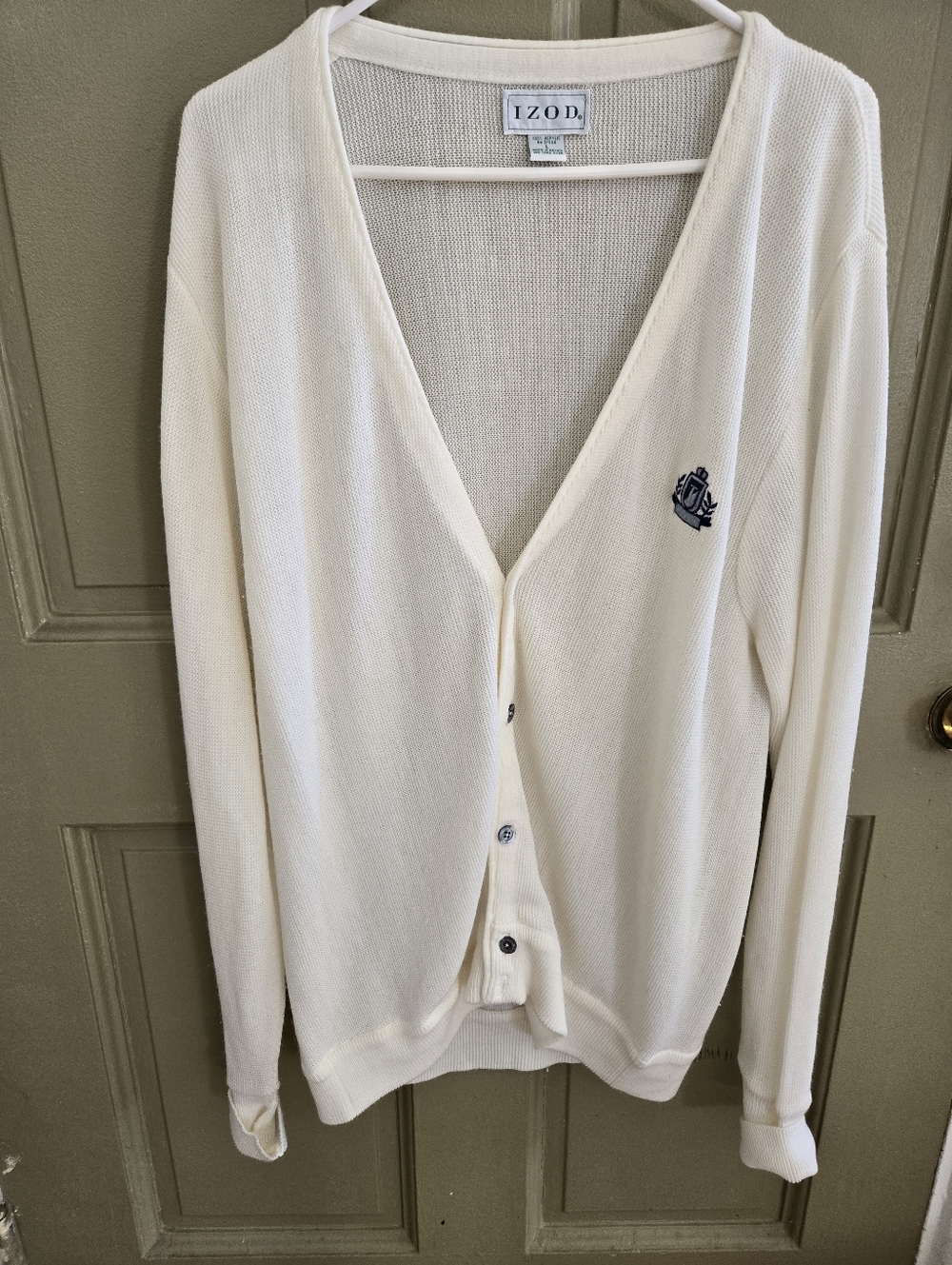 IZOD Cream V-Neck Button-Front Men's Cardigan with Crest Size Large